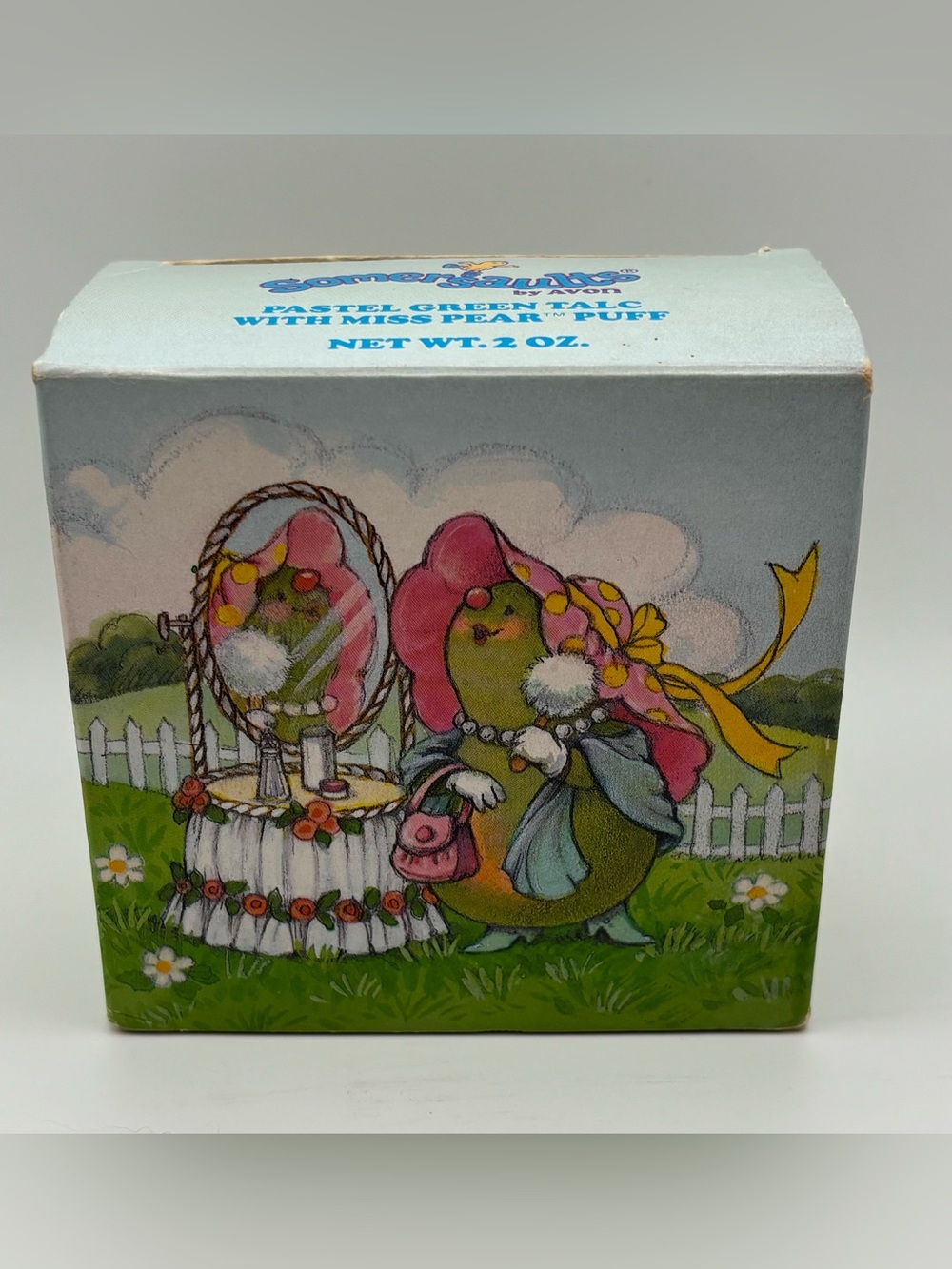 Vintage 1986 NIB Avon Somersaults Miss Pear Pastel Green Talc with Puff